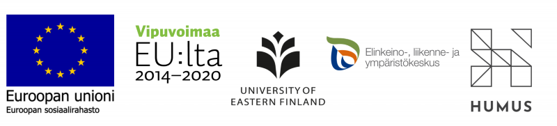 Viisi logoa rinnakkain: Euroopan unioni, Euroopan sosiaalirahasto -logo; Vipuvoimaa EU:lta 2014-2020 -logo; Itä-Suomen yliopiston logo; Elinkeino-, liikenne- ja ympäristökeskuksen logo; Humus-hankkeen logo.
