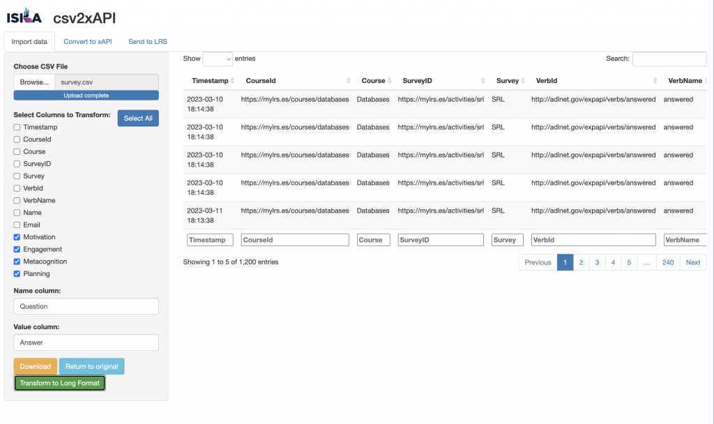 Interface of the csv2xAPI tool