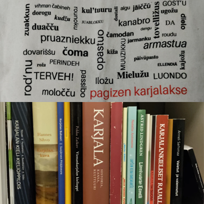 Kangaskassi, jossa on karjalankielistä tekstiä, ja kirjoja kirjahyllyssä