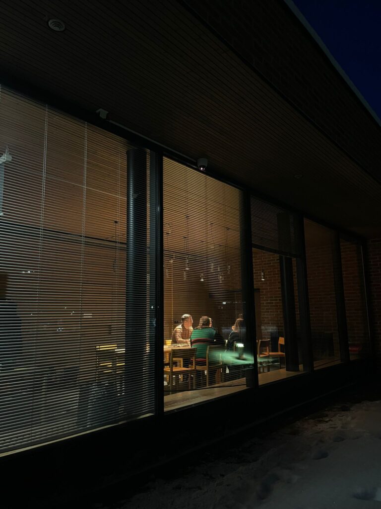 Keskustelupiiri. Takkahuone. Pimeä ilta.