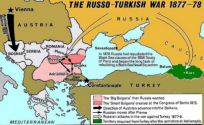 Map presenting changing borders of Bulgaria in the Russo-Turkish War of 1877-78