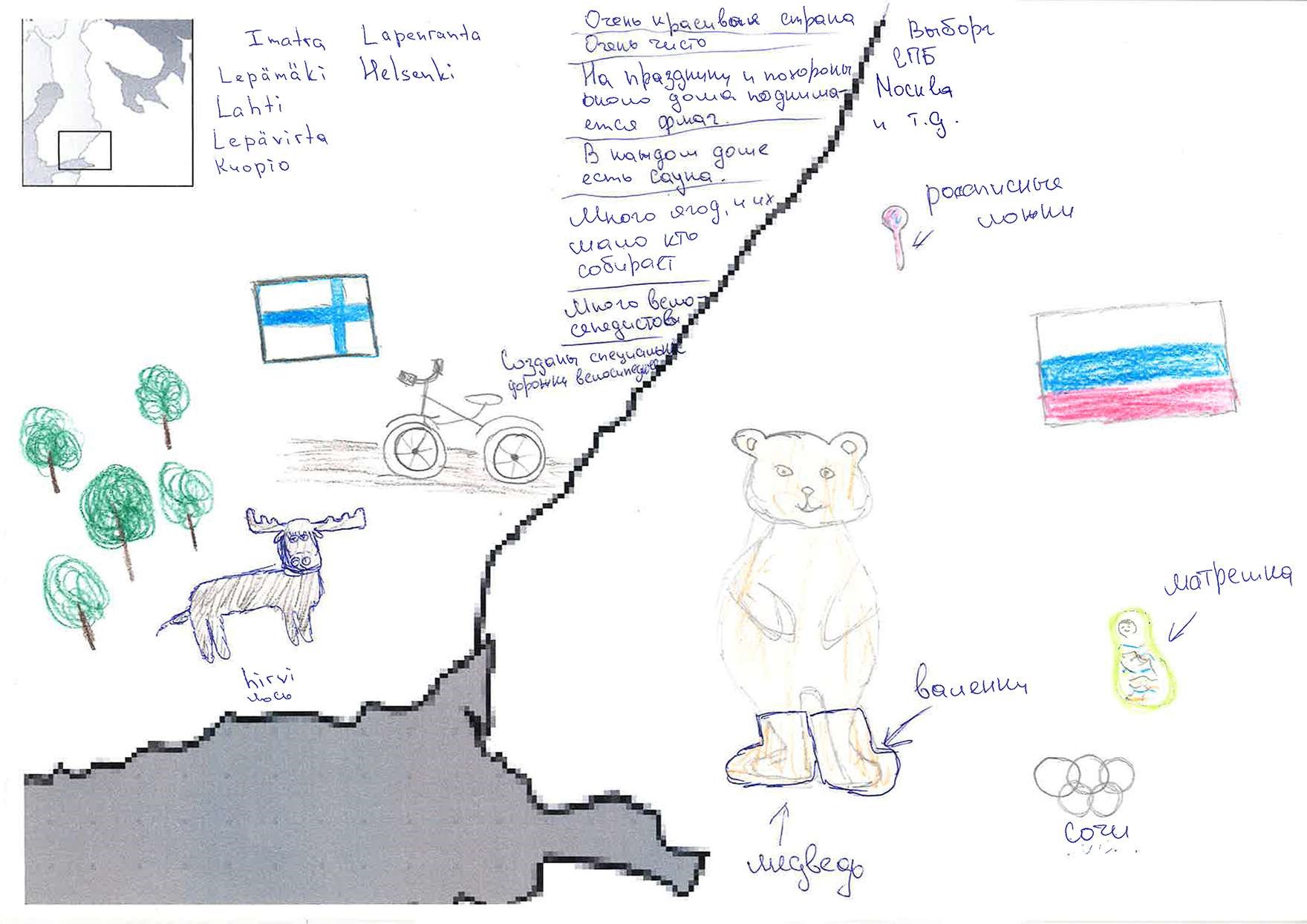 Drawing: Finnish-Russian border. In Russia, bear in “valenki”, Olympic rings of Sochi, Russian flag, Matroshka doll, spoon, written names of cities. In Finland, bicycle, Finnish flag, moose, forest, written names of towns, written e.g., “very beautiful country, very clean”