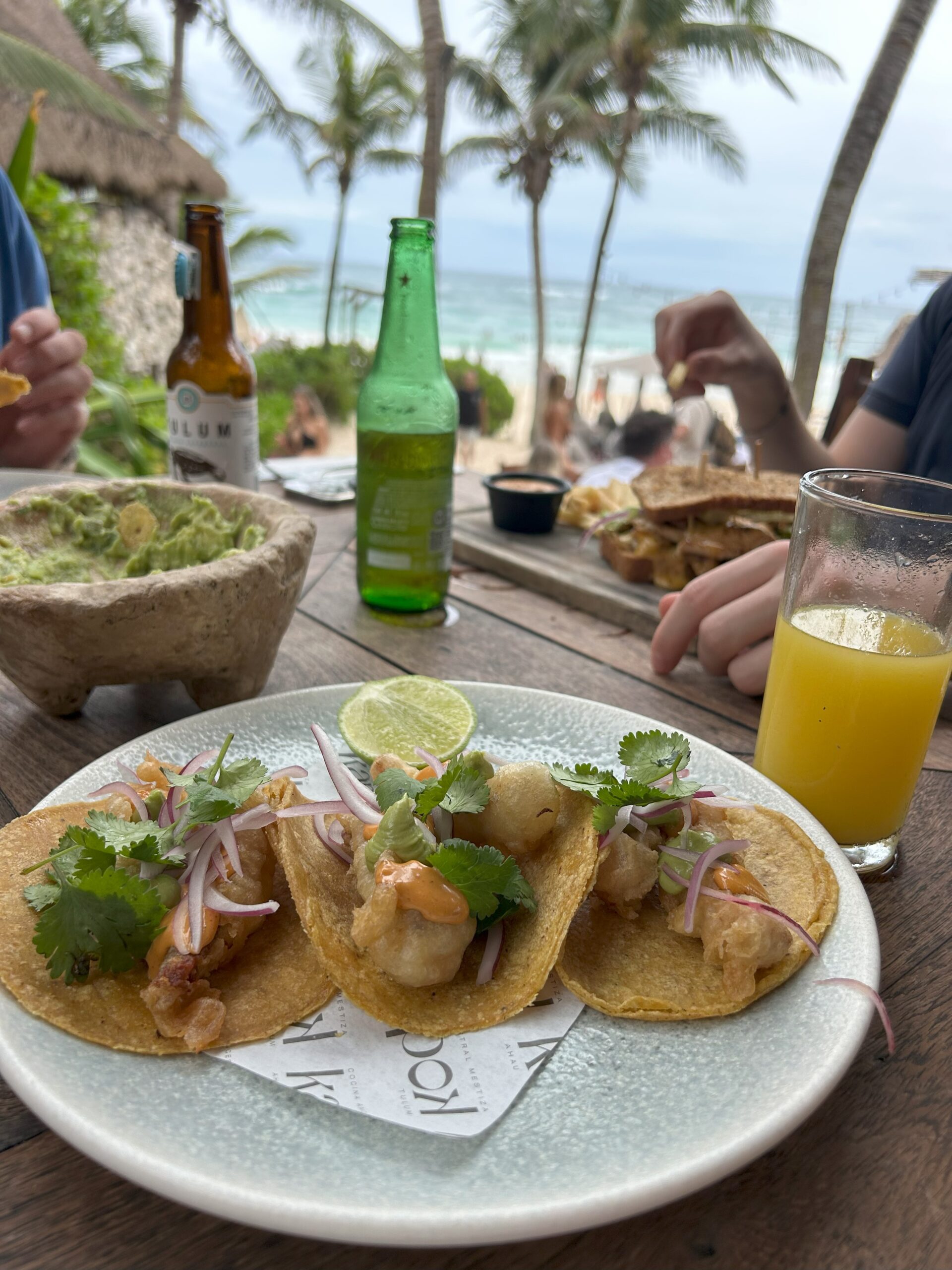 Food on plate and drinks.