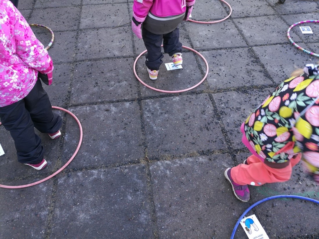 Lapset seisovat pihalla toimintarenkaiden (hulavanteiden) sisällä. Jokaisessa renkaassa on kuvallinen ohje eri toiminnosta.