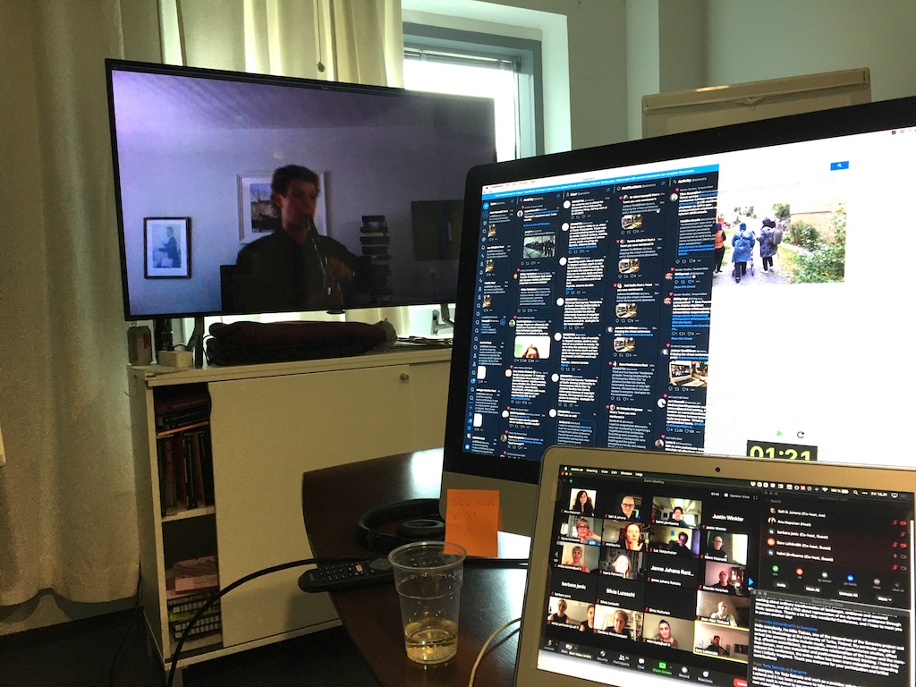 Three computer screens, that are showing a Zoom meeting, Tweetdeck and the clarinet performance. clarinet performance.