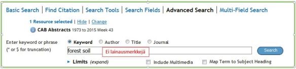 Kuvakaappaus. CAB-tietokannan Advanced search -haku, jossa Keyword-haku: forest soil, ilman lainusmerkkejä.