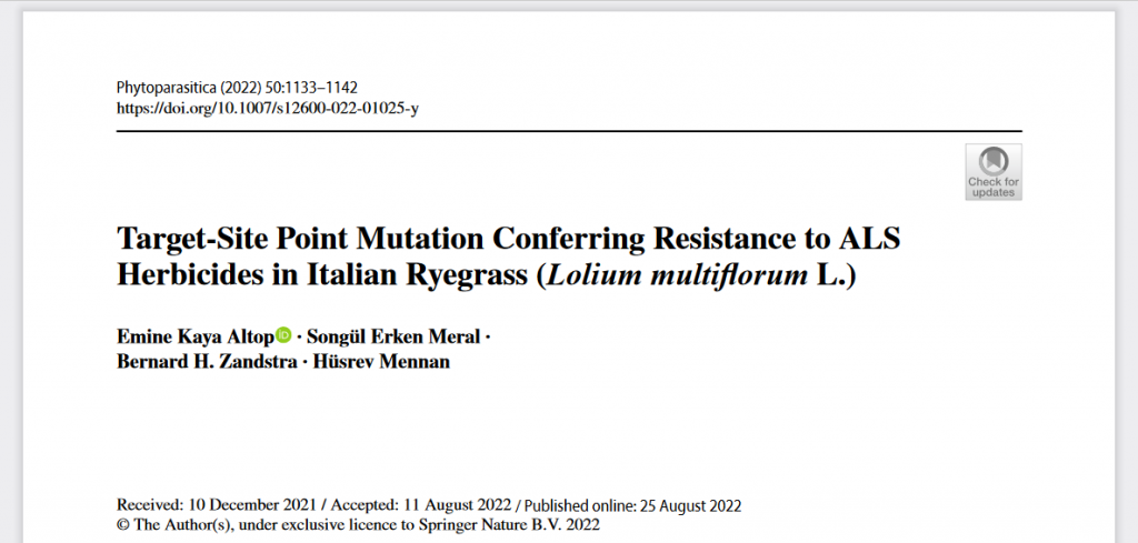 Tekstiä. Artikkelin otsikko: Target-site point mutation conferring resistance to ALS herbicides in italian ryegrass (Lolium multiflorum L.).