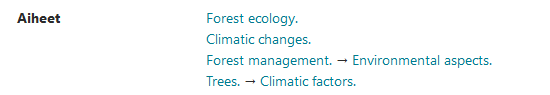 Kuvakaappaus kirjan asiasanoista eli aiheista. Sanat ovat: Forest ecology. Climatic changes. Forest management - Environmental aspects. Trees - Climatic factors.