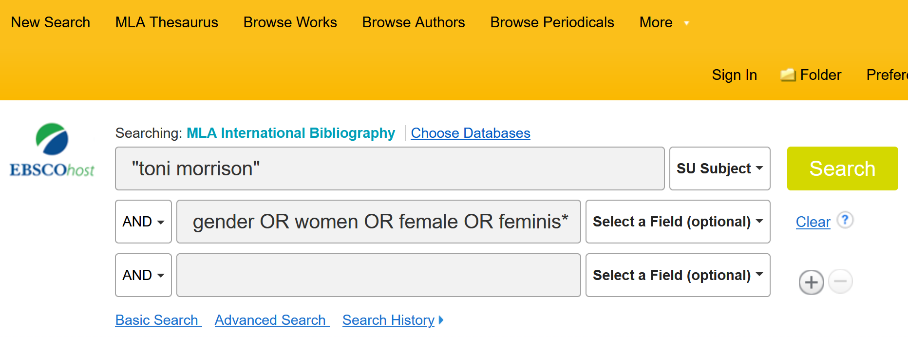 MLA int. bibliography-tietokannan tarkennettu haku, jossa tehty haku "toni morrison" AND (gender OR women OR female OR feminis*).