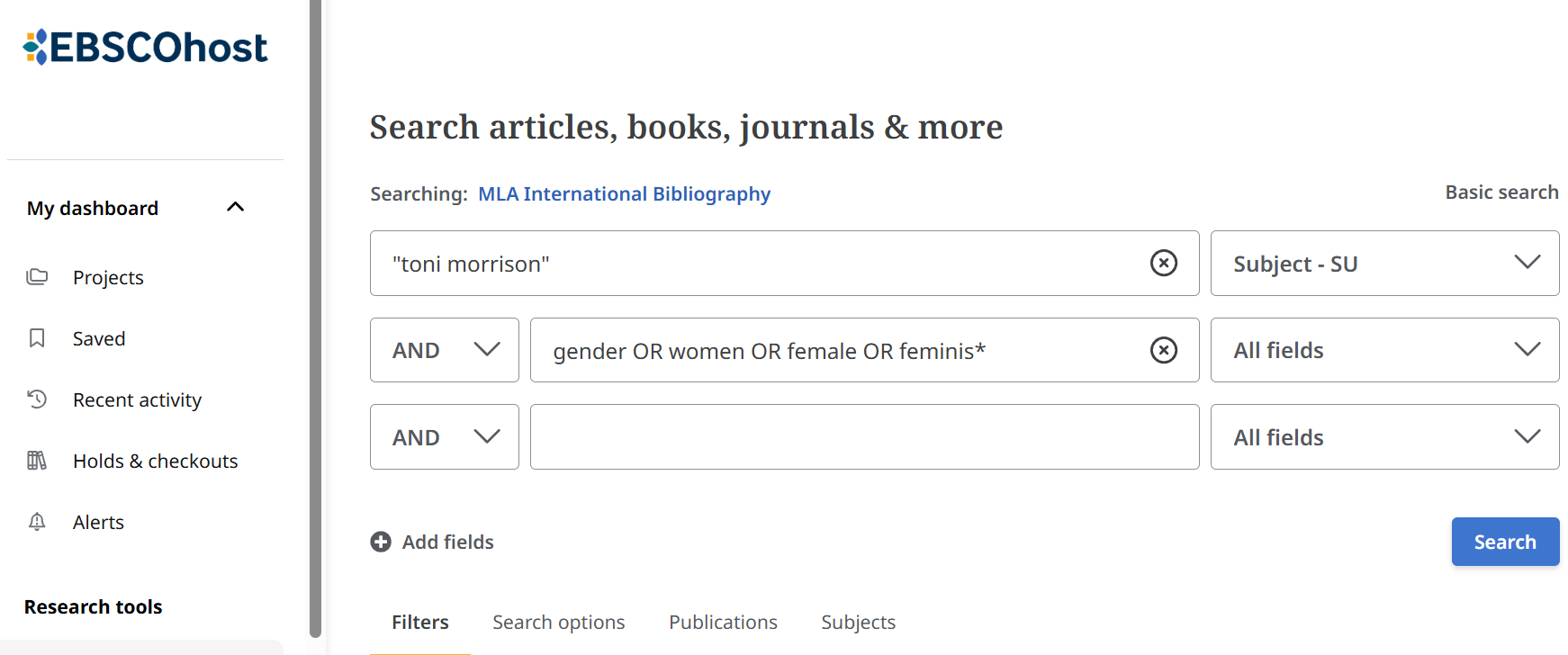 Tietokanta MLAn tarkennetun haun lomake, jossa hakulauseke "toni morrison" AND (gender OR women OR female OR femini*).