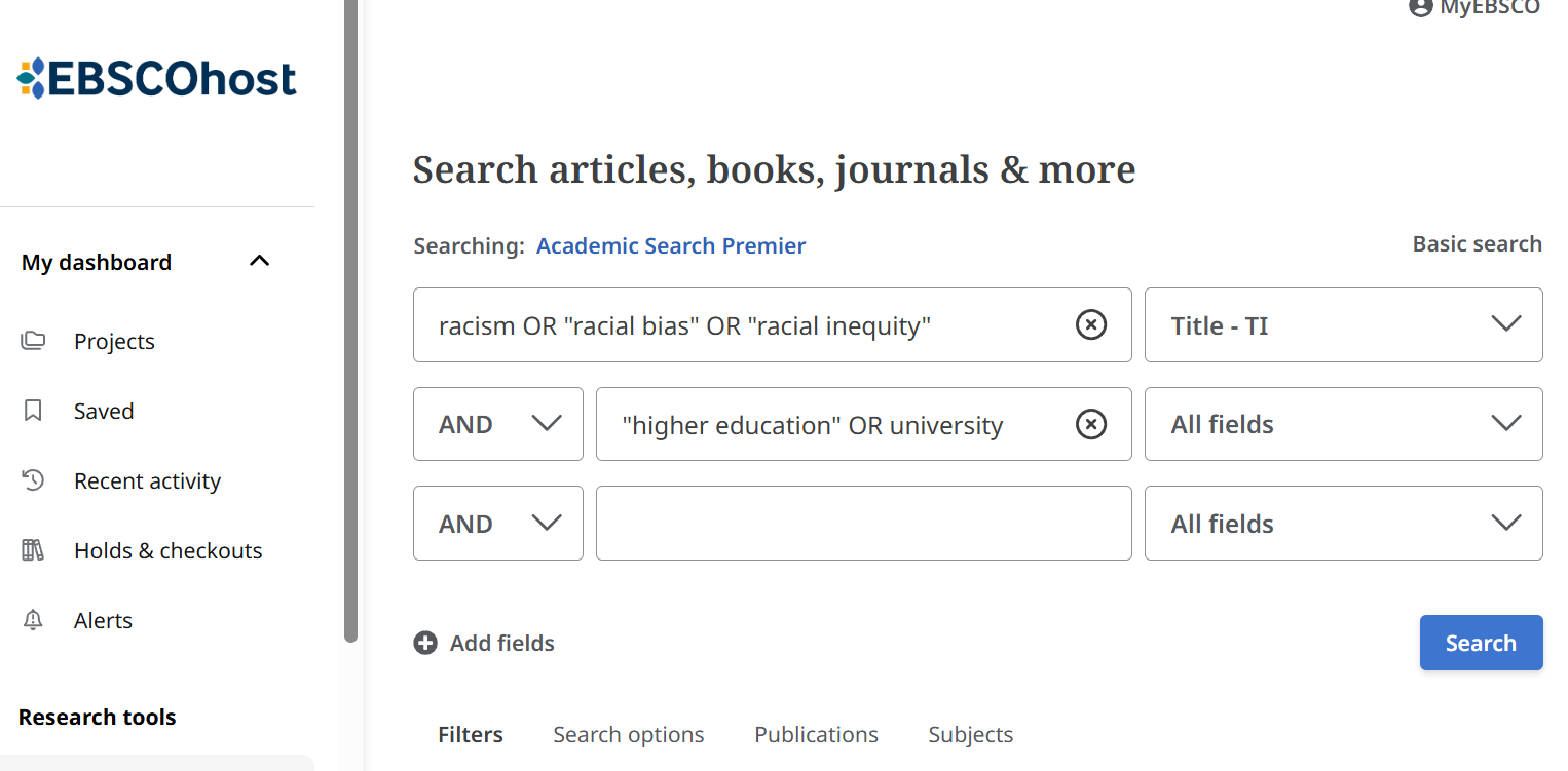 Academic Search Premier-tietokannan tarkennettu haku, jossa hakulauseke (racism OR "racial bias" OR "racial inequity) AND ("higher education" OR university).