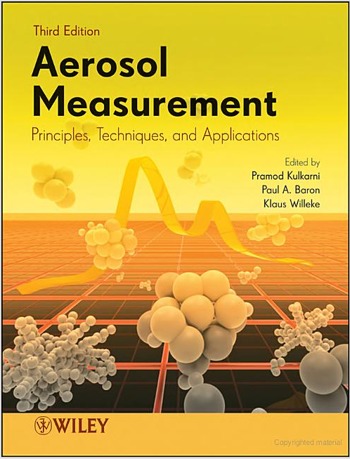 Aerosol measurement -kirjan kansikuva. Kellertävä pohja, jolla koristeena molekyylimalliwn kuvia.