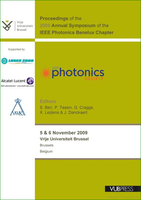 Benelux Chapter of the Photonics Societyn konferenssijulkaisun kansikuva. Vihreällä pohjalla konferenssin ja julkaisun tiedot, vasemmalla valkoinen palsta, jossa julkaisijan ja yhteistyötahojen logoja.