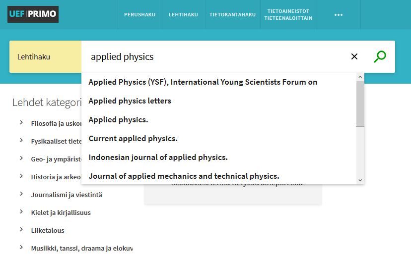 UEF-Primon Lehtihaussa on haettu lehteä Applied physics. Ohjelma tarjoaa muutamaa hakuun sopivaa tulosta jo valmikksi. Taustalla selausmahdollisuus kategorioittain.