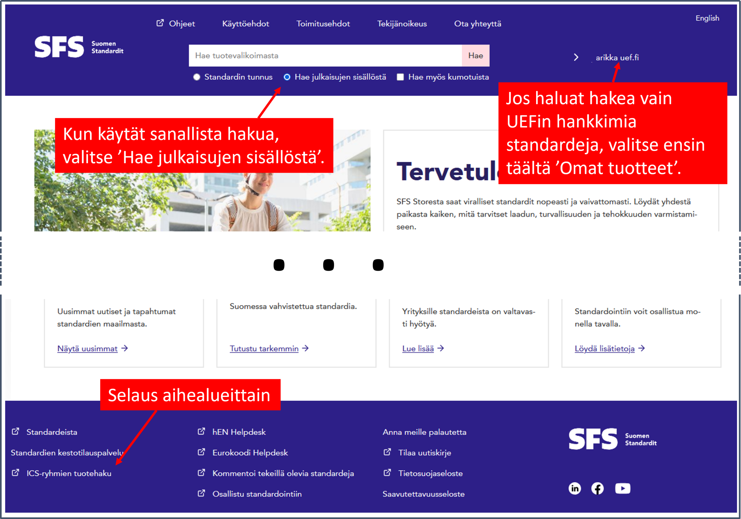 Kuvakaappaus aloitussivusta. Ohjeet: Kun käytät sanallista hakua, valitse 'Hae julkaisujen sisällöstä'. Jos haluat hakea vain UEFin hankkimia standardeja, valitse ensin oman tilin alta 'Omat tuotteet'. Selaus aihealueittain sivun alaosan linkistä 'ICS-ryhmien tuotehaku'.