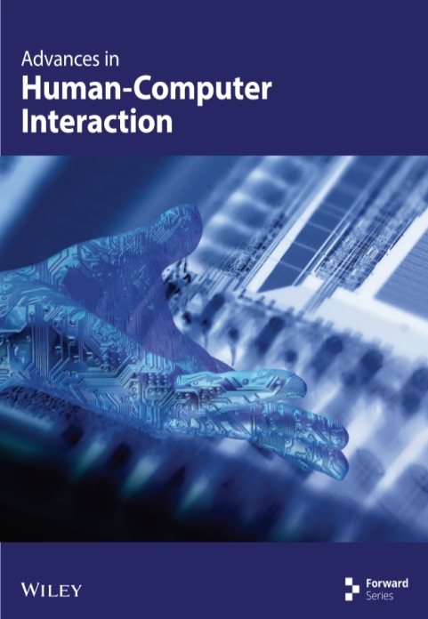 Advances in Human Computer Interaction -lehden kansi. Sininen pohja, tyylitelty kuva kädestä ja elektroniikkakomponentista.