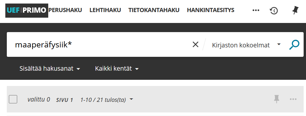 Kuvakaappaus UEF-Primosta. Hakulause on maaperäfysiik*, jolla on saatu 21 tulosta kirjaston kokoelmista.