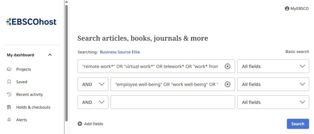 Ebsco Business -hakuesimerkki: telework OR virtual work OR working from home AND employee well-being