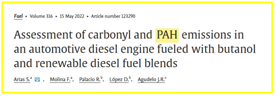 Julkaisu: Assessment of carbonyl and PAH (teksti korostettu keltaisella) emissions in an automotive diesel engine fueled with butanol and renewable diesel fuel blends.
