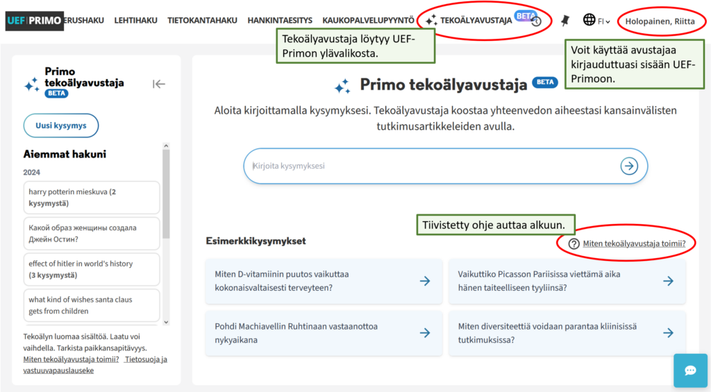 UEF-Primon tekoälyavustajan aloitusnäkymä. 