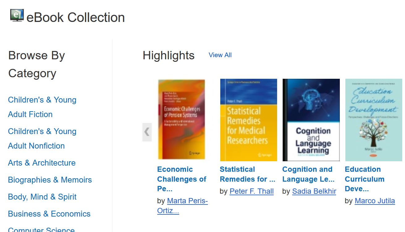 Kuvakappaus Ebook central -tietokannasta. Valikossa vasemmalla lukee: Browse by category. Sen alla lueteltu aiheita englanniksi. Oikealla otsikko: Highlights ja kuvia kirjojen kansista.