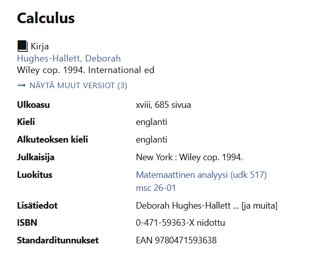 Kuvakaappaus. Kirjan Calculus tiedot. Luokitus-kentässä kaksi riviä. Toisella lukee: Matemaattinen analyysi (udk 517). Toisella lukee: msc 26-01.