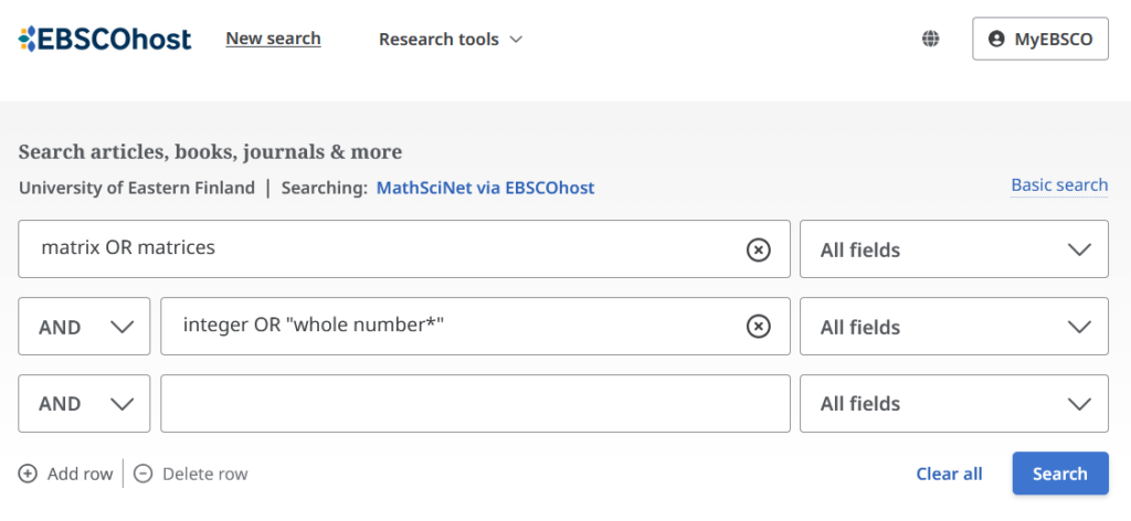 Kuvakaappaus Matchscinet via Ebscohost -tietokannasta. Ensimmäiselle hakuriville on kirjoitettu: matrix OR matrices. Toiselle hakuriville on kirjoitettu: integer OR ”whole number*”.