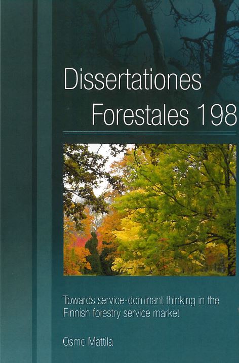 Dissertationes forestales -sarjaan kuuluvan julkaisun kansikuva. Turkoosilla pohjalla kuva syksyisestä metsästä. Sarjan nimi Dissertationes forestales, kirjan nimi ja tekijä.
