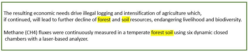 Kaksi tekstinpätkää, joissa korostettuna sanat forest ja soil. Ensimmäisessä tekstissä: further decline of forest and soil. Toisessa tekstissä: continuously measured in a temperate forest soil.