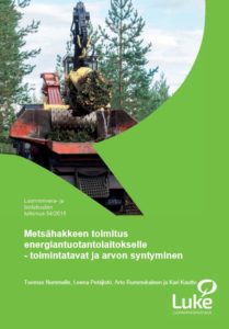 Kirjan kansikuva. Tekstinä kirjan ja sarjan nimi (Luonnonvara- ja biotalouden tutkimus 54/2015) sekä tekijät ja julkaisija. Kuvituksena kuva metsäkoneesta.