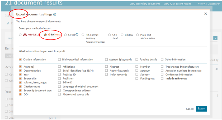 Kuvakaappaus Scopus-tietokannasta. Korostettuna sivun otsikko: Export document settings. Sivulla tekstiä, muun muassa Select your method of export, josta valittuna ja korostettuna kohta RefWorks.
