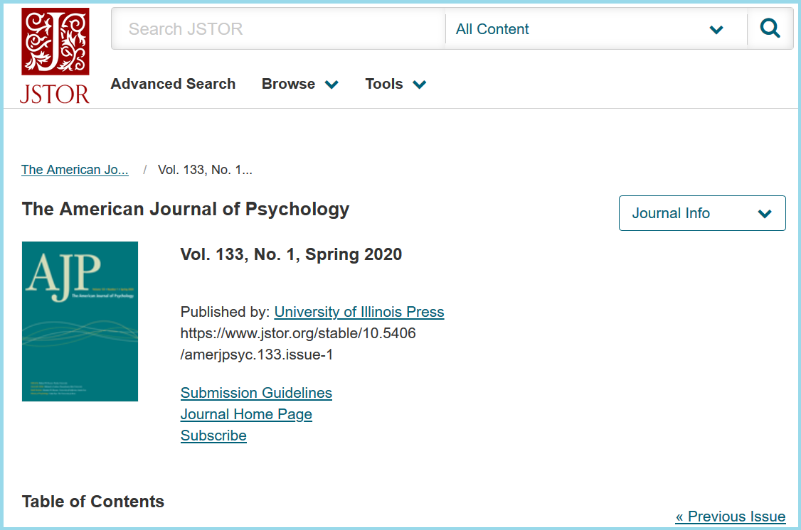 Yksittäisen lehden tietue JSTOR-tietokannassa. Kansikuva ja perustiedot lehdestä: nimi ja julkaisija.