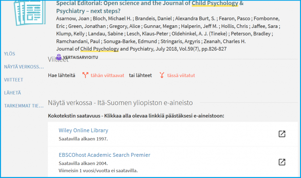 Artikkeliviite, jossa on kaksi linkkiä artikkelin koko tekstiin, toinen Wiley-kustantajan, ja toinen EBSCO-välittäjän palveluun.