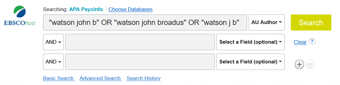 Kuvakaappaus PsycInfo-tietokannasta. Ylimmälle hakuriville on kirjoitettu "watson john b" OR "watson john broadus" OR watson j b". Rivin perästä on valittu hakukenttä AU Author. Muut hakurivit ovat tyhjiä.