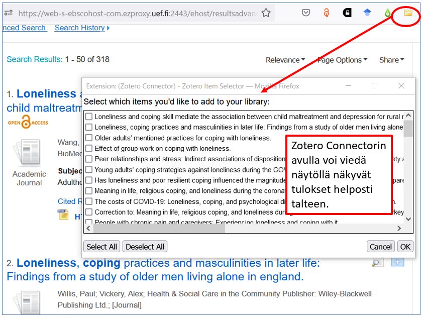 Kuvakaappaus. Näkyvilla lista tietokantahaun tuloksia. Firefox-selaimen oikeasta yläkulmasta on ympyröity keltainen kansio-kuvake. Kuvakkeesta nuoli Zoterosta leikattuun kuvaan, jossa sivun tulokset näkyvät tiiviinä listana. Listan otsikko: Select which items you’d like to add to your library. Selittävä teksti: Zotero connectorin avulla voi viedä näytöllä näkyvät tulokset helposti talteen.