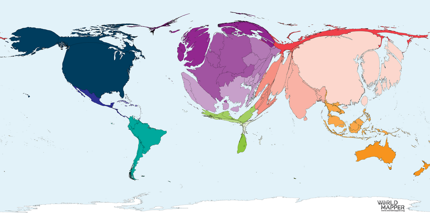 Maailmankartta, jossa maiden koko on suhteutettu tieteellisten julkaisujen määrään. Esimerkiksi Eurooppa on selvästi maantieteellistä kokoaan isompi.