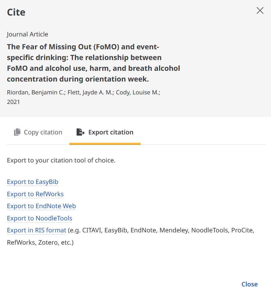Kuvakaappaus. Valittuna toiminto Cite. Artikkelin tiedot näkyvillä. Toiminnot: Copy citation ja Export Citation, joka on valittuna. Alla teksti: export your citation tool of choice. Tarjolla useita vaihtoehtoja, mm. Export to RIS format. Toimintovaihtoehto alla: Close.