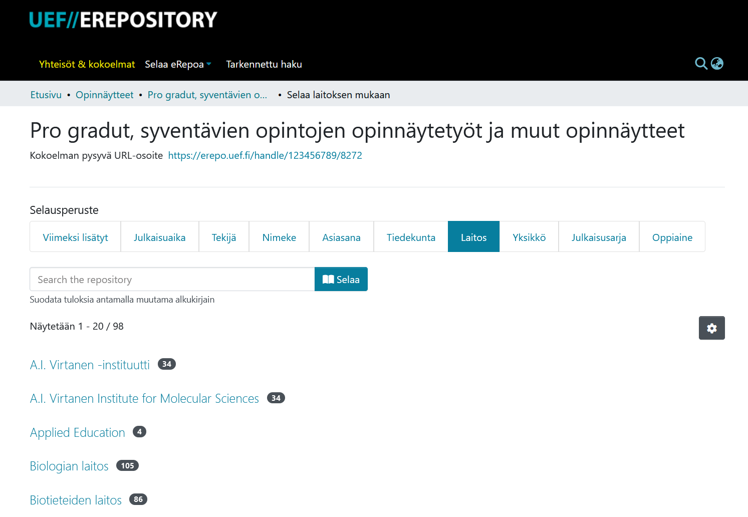 Kuvakaappaus UEF//ERepository sivusta. Näkymään on valittu progradut – Selaa laitoksen mukaan. Sivun vasen laita sisältää listaa valittavista laitoksista. Sivun yläosassa hakulaatikko sekä valittavissa muita selausmahdollisuuksia: mm. Tekijä, Asiasana, Julkaisusarja, Oppiaine.