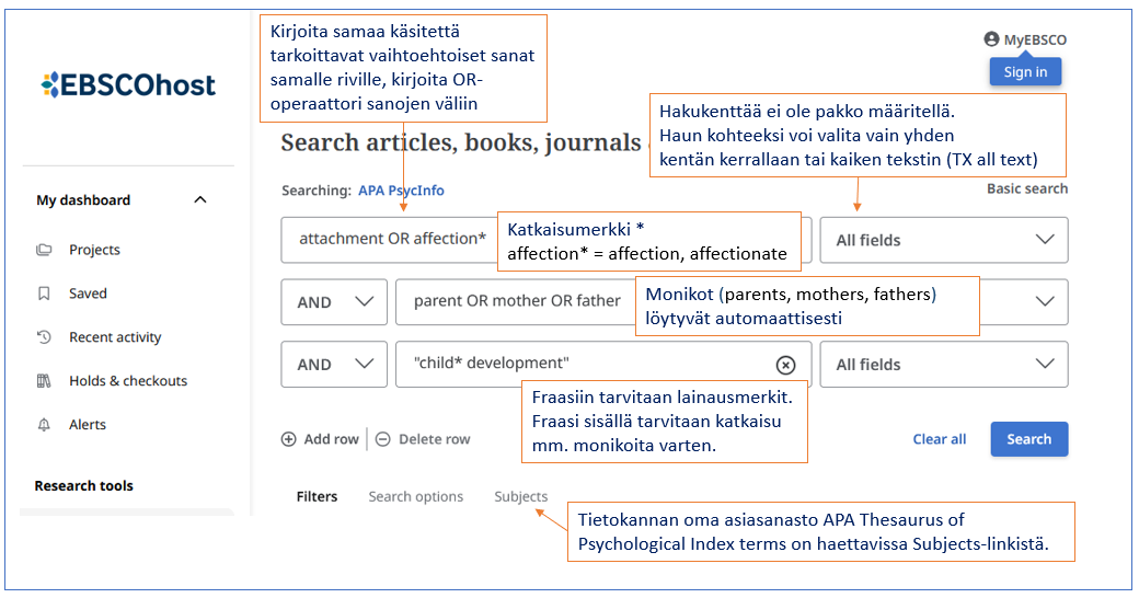 Kuvakaappaus PsycInfon käyttöliittymästä. Hakulause: attechment OR affection AND parent OR mother OR father AND “child development. Hakulause on jaettu kolmelle riville AND-operaattorin kohdalta jakaen. AND on rivien välillä valittuna, sitä ei ole kirjoitettu itse. Selitetekstejä. Kirjoita samaa käsitettä tarkoittavat vaihtoehtoiset sanat samalle riville, kirjoita OR-operaattori sanojen väliin. Katkaisumerkki *: affection* = affection, affectionate. Hakukenttää ei ole pakko määritellä. Haun kohteeksi voi valita vain yhden kentänä kerrallaan tai kaiken tekstin, TX all text. Monikkot (parents, mothers, fathers) löytyvät automaattisesti. Fraasiin, child development, tarvitaan lainausmerkit. Fraasin sisällä pitää katkaista monikoita varten. Subjects-linkistä aukeaa tietokannan oma asiasanasto.