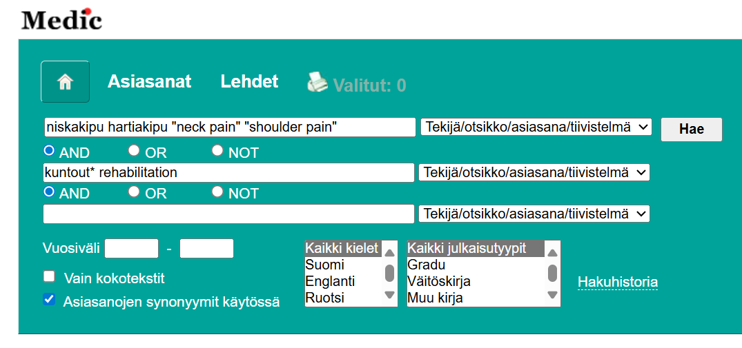 Kuvakaappaus Medicin hakulomakkeesta, joka toistaa sivun sisältöä.