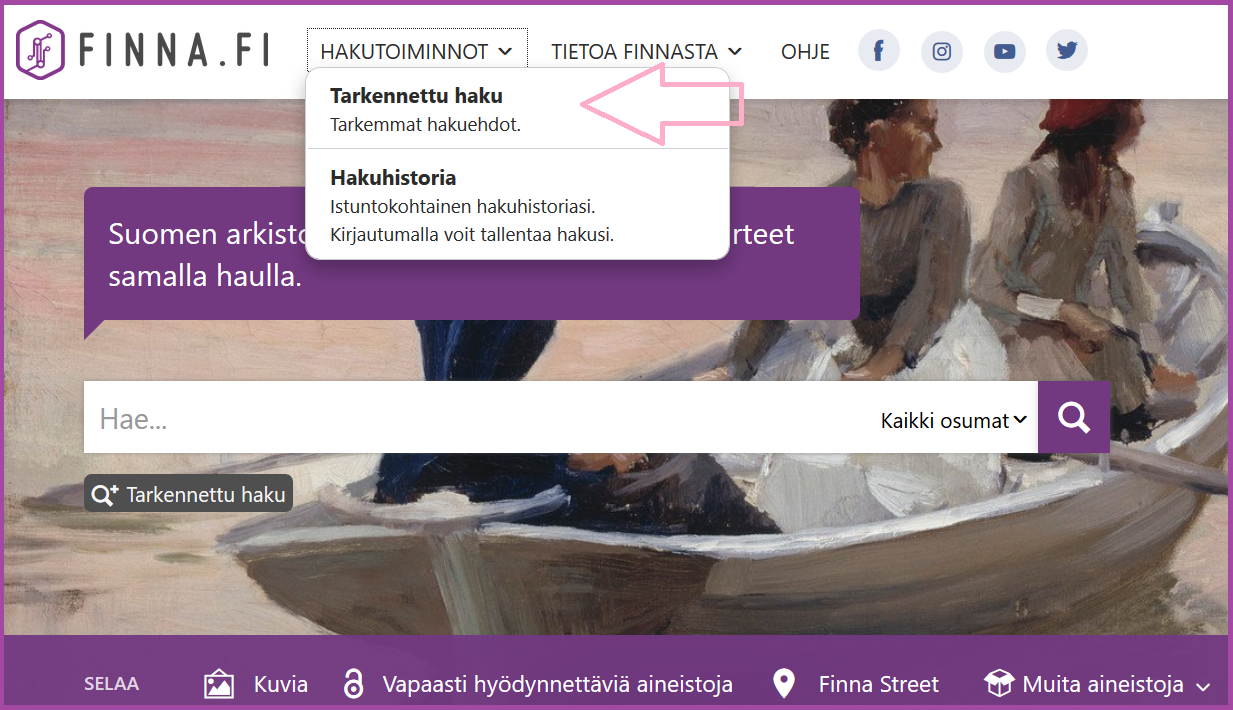 Kansallisessa Finnassa päästään tarkennettuun hakuun hakutoiminnot-linkistä.