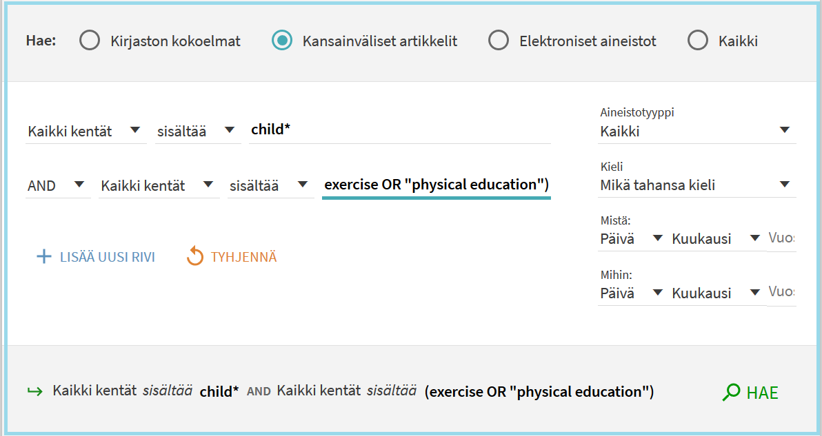 Kansainvälisten artikkelien haku UEF Primossa esimerkillä child* AND (exercise OR "physical education").