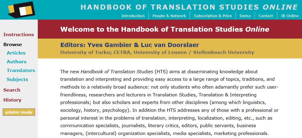 Handbook of Translation Studies-hakuteoksen aloitusikkuna.