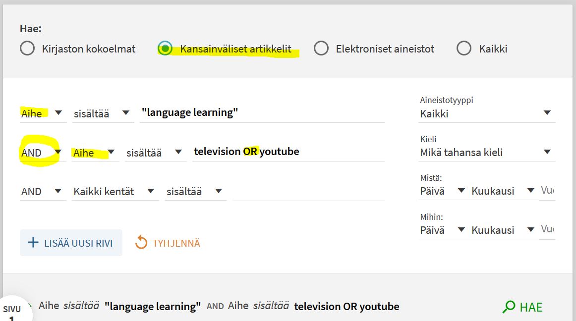 UEF-Primon tarkennetussa haussa on haettu hakuryhmästä Kansainväliset artikkelit hakulausekkeella "language learning" AND (television OR youtube). Kaikki hakusanat on kohdistettu pudotusvalikosta löytyvään Aihe-kenttään.