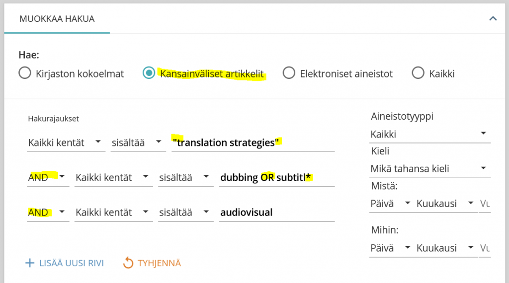 Kv-artikkelihaku UEF-Primossa hakulauseella "translation strategies" AND (dubbing OR subtitl*) AND audiovisual.