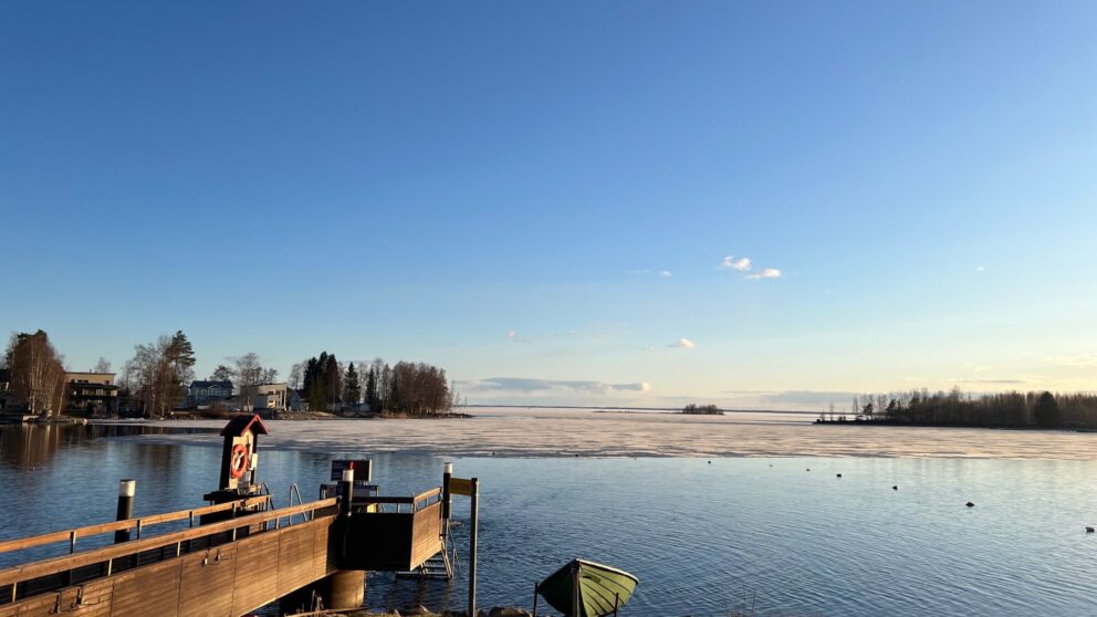 Järven rannalta otettu kuvituskuva, jossa jäät on alkaneet juuri sulaa.