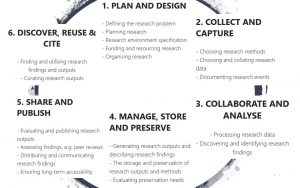 1. Plan and design: defining the research problem, planning research, research environment specification, funding and resourcing research, organising research; 2. Collect and capture: COLLECT AND CAPTURE: choosing research methods, choosing and collating research data, documenting research events; 3. Collaborate and analyse: processing research data, discovering and identifying research findings; 4. Manage, store and preserve: MANAGE, STORE AND PRESERVE: generating research outputs and describing research findings, the storage and preservation of research outputs and methods, evaluating preservation needs; 5. Share and publish: evaluating and publishing research outputs, assessing findings, e.g. peer reviews, distributing and communicating research findings, ensuring long-term accessibility; 6. Discover, reuse and cite: finding and utilising research findings and outputs, curating research outputs.