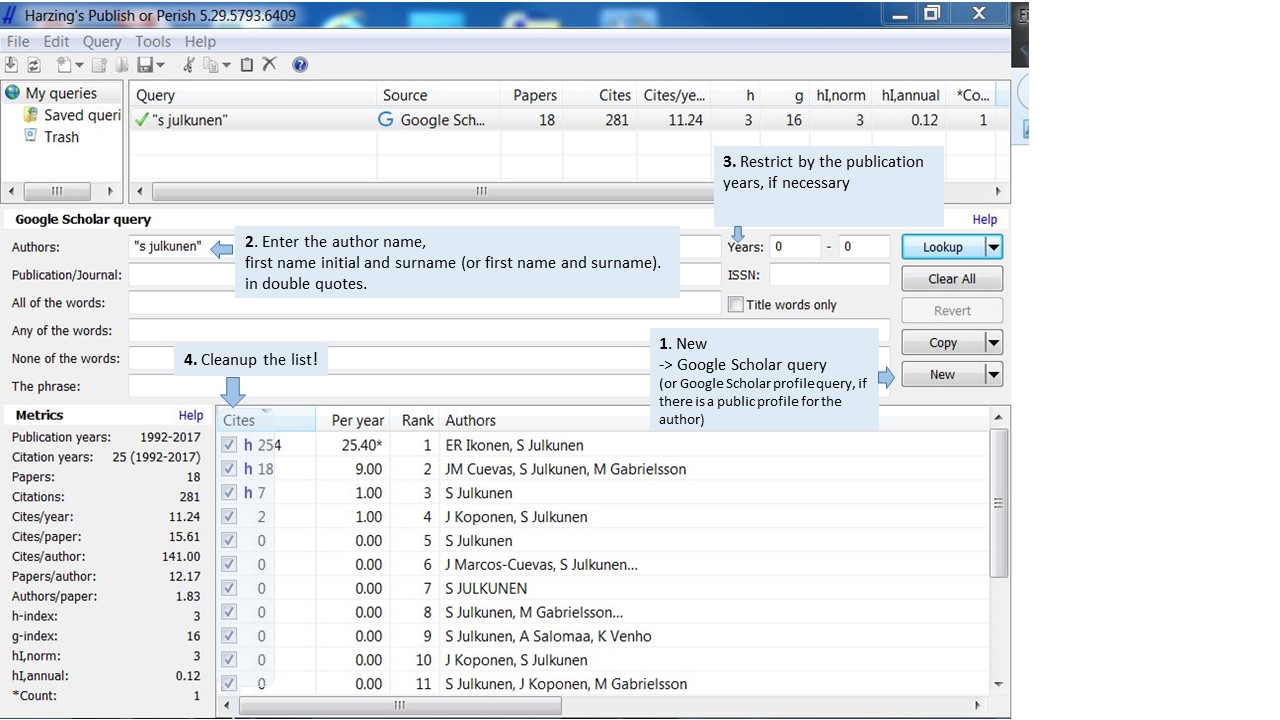 Screen capture on Publish or Perish database. 1. Start by choosing 'New' GS query. 2. Enter the author name. 3. Restrict by the publication years if necessary. 4. Cleanup the list if needed.