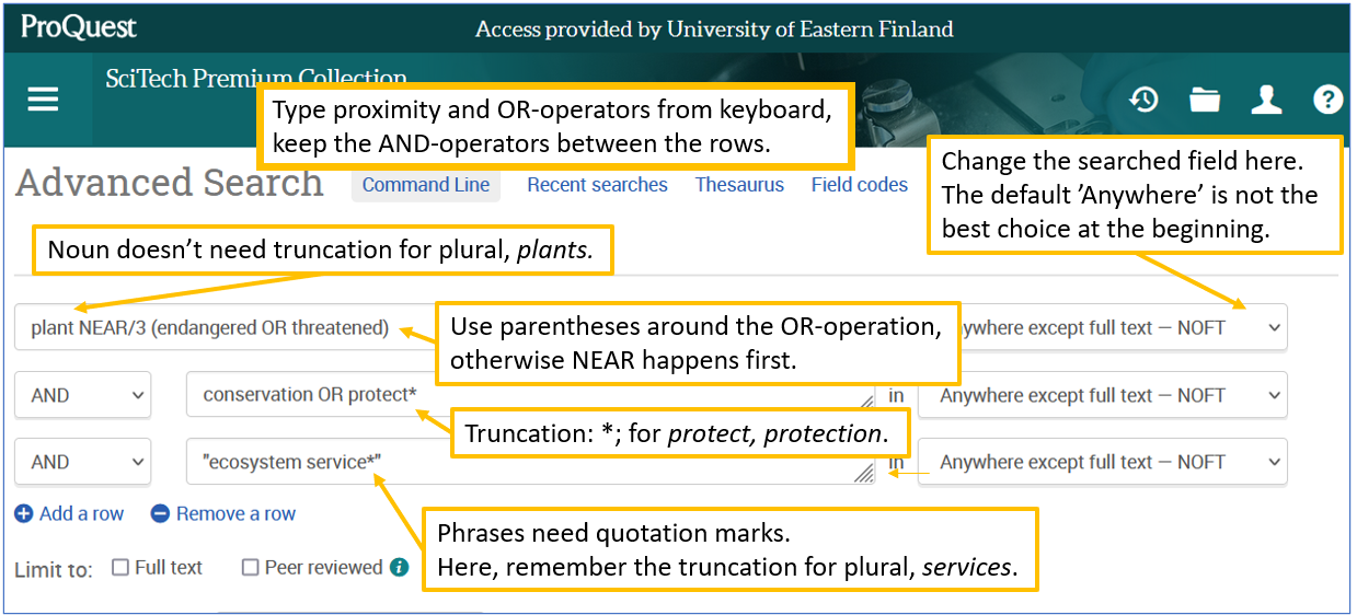 Screen capture of Proquest/SciTech premium collection database advanced search form with some hints of using search techniques. Search query is: (plant NEAR/3 (endangered OR threatened)) AND (conservation OR protect*) AND “ecosystem service*”. The query is written on three rows so that AND-operators are located between the rows.