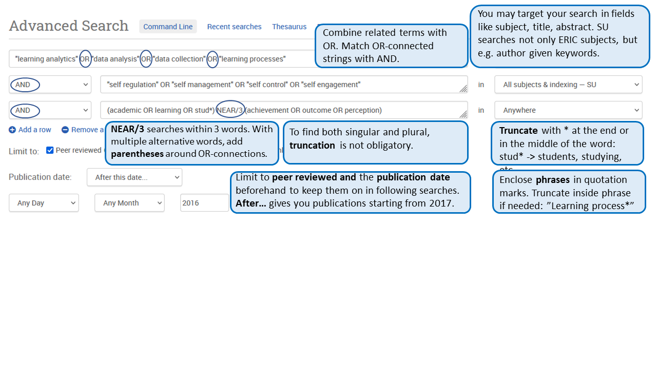 Some examples of the search techniques in ERIC-database. It has its own thesaurus. Truncate the search terms with asterisk at the end or in the middle of the word, for example, stud* to get students, studying etc. Mark phrases inside quotations marks to keep words together and in exact order, for example “data collection”. Truncate inside phase if needed, for example “learning process*”. Combine related terms with OR and match OR-connected strings with AND. Search field targeting alternatives are listed in the drop-down menu, for example title or abstract. NEAR/3 searches within 3 words. Peer view and publication date limits are often used in the search.